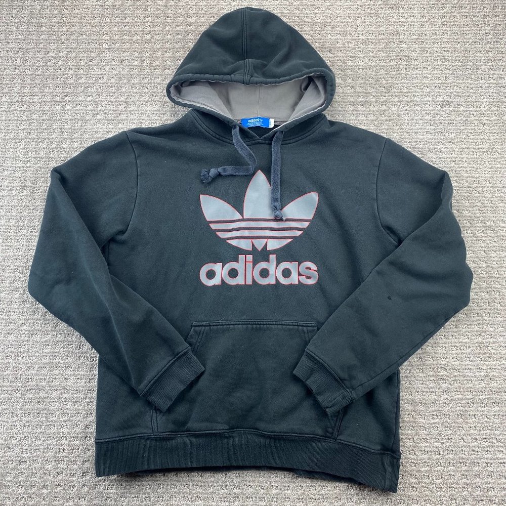 Adidas Sweater Women Large L Black Hoodie Pullover Sweatshirt Gray Red Logo